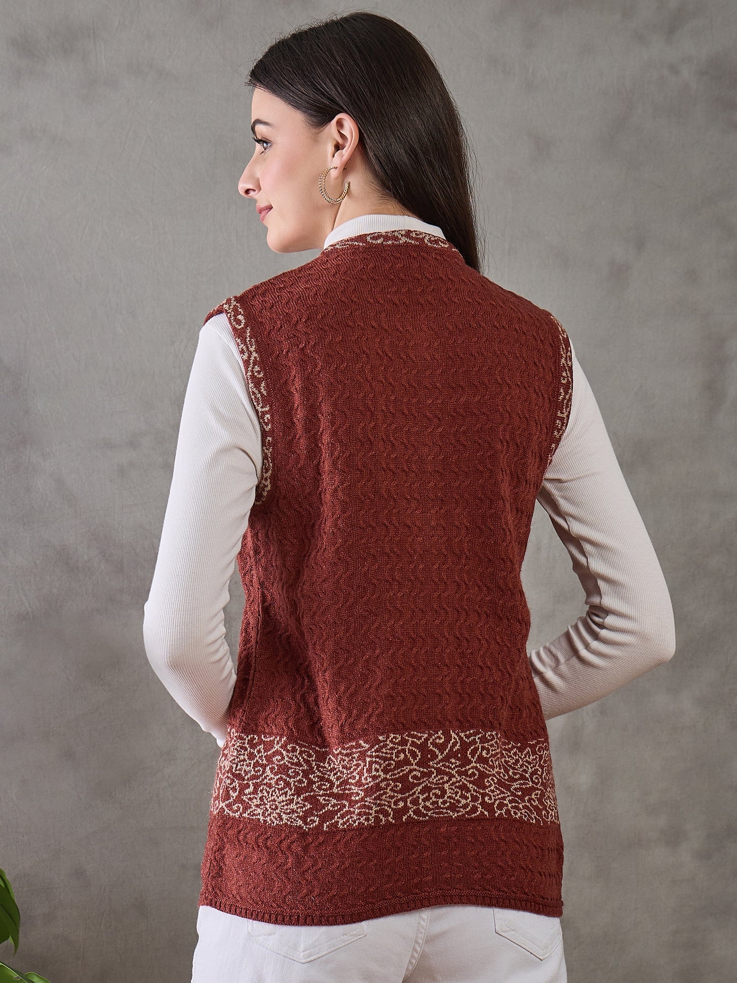 Clapton Women’s Woolen Sleeveless Sweater with Floral Embroidery Brown