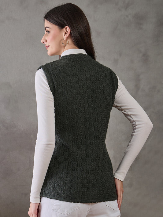 Clapton Women’s Woolen Sleeveless Sweater with Floral Embroidery Green