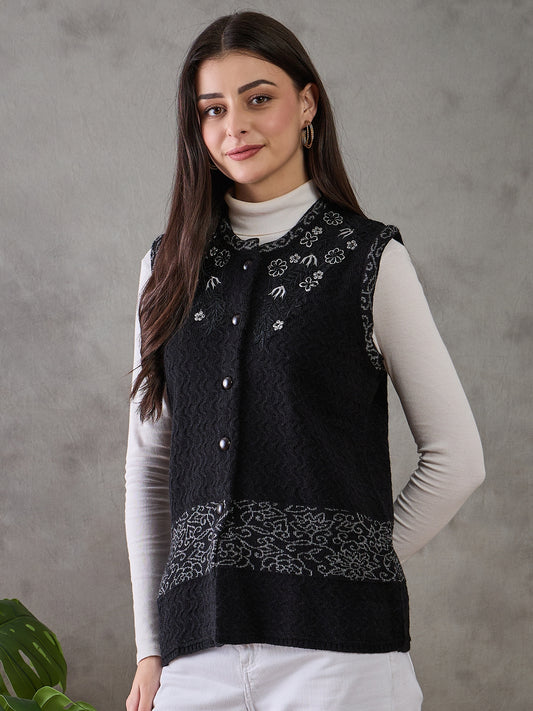 Clapton Women’s Woolen Sleeveless Sweater with Floral Embroidery Black