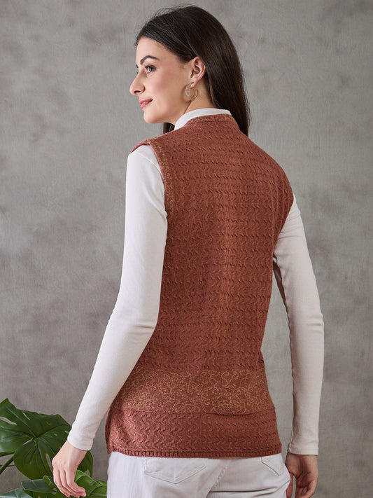 Clapton Women’s Woolen Sleeveless Sweater with Floral Embroidery Rust