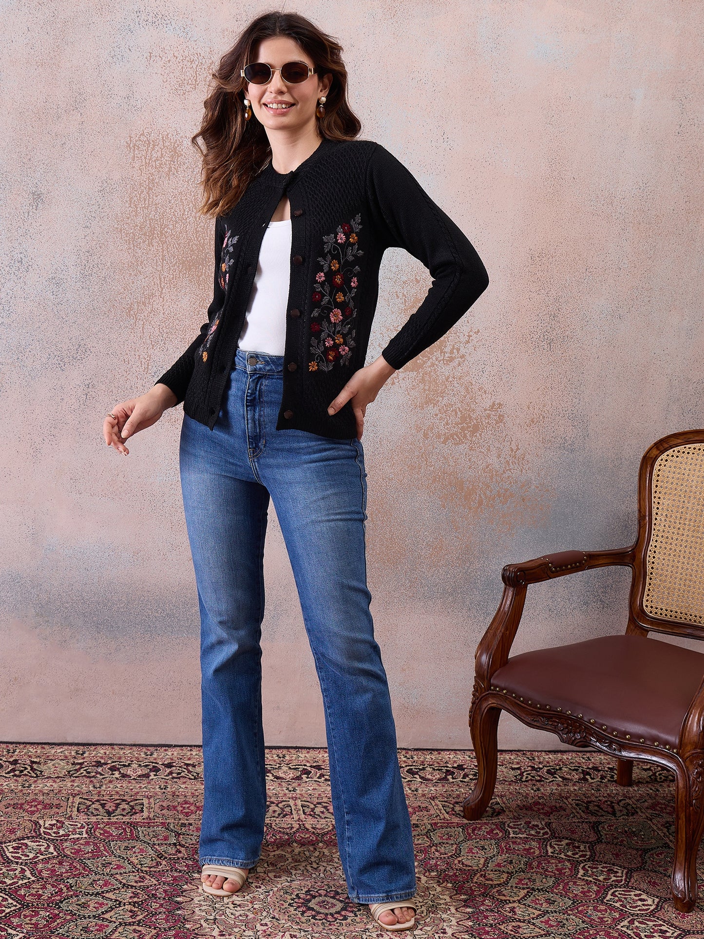 Women’s Floral Embroidered Button-Front Knit Cardigan Black