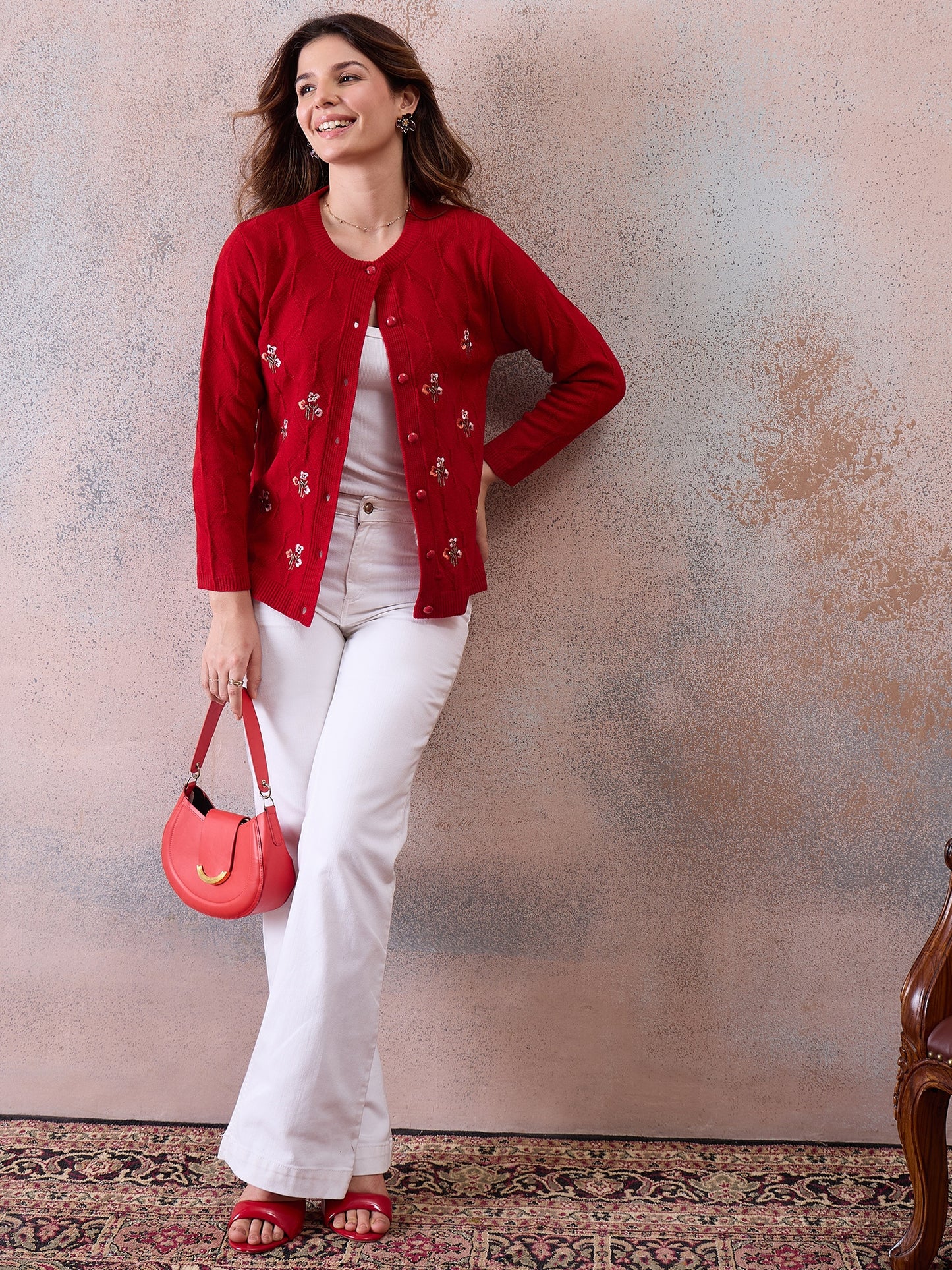 Women’s Embroidered Button-Front Knit Cardigan Red