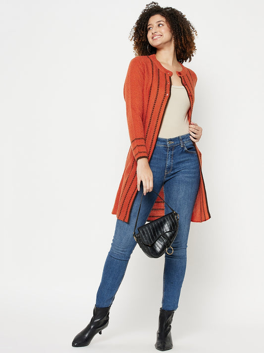 Wool Blend Round Neck Rust Long Shrug