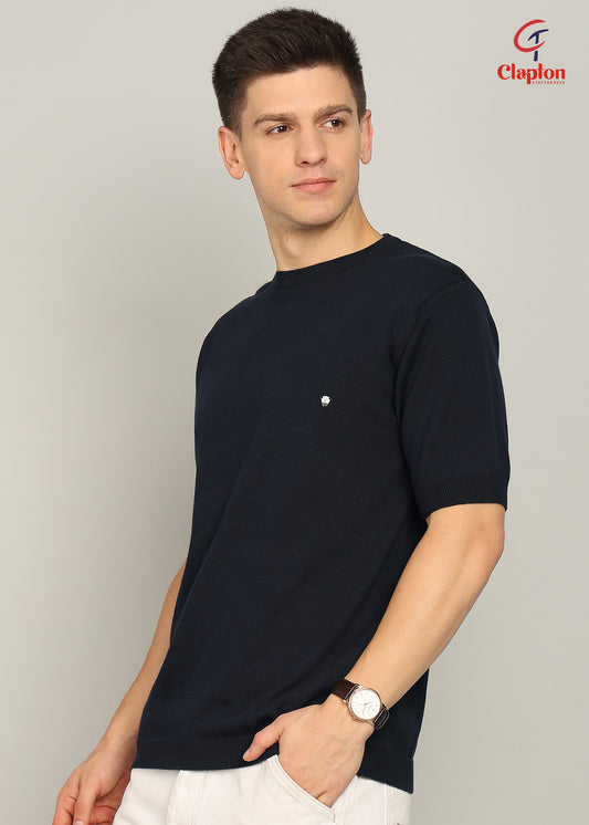 Clapton Men Knitted Cotton Summer Wear Round Neck Half Sleeve T-Shirt Navy
