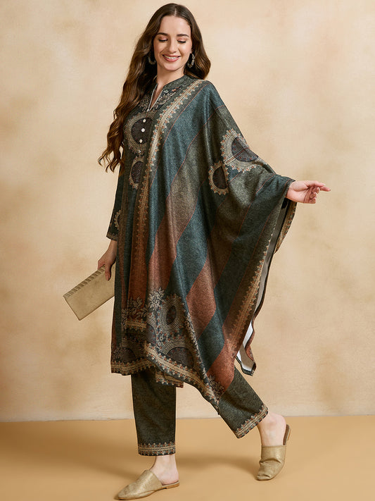 Clapton Printed Work Straight Kurta Pant With Dupatta Set Green