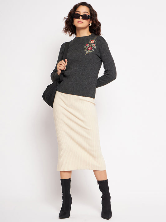 Wool Blend Round Neck Grey Top With Embroidery