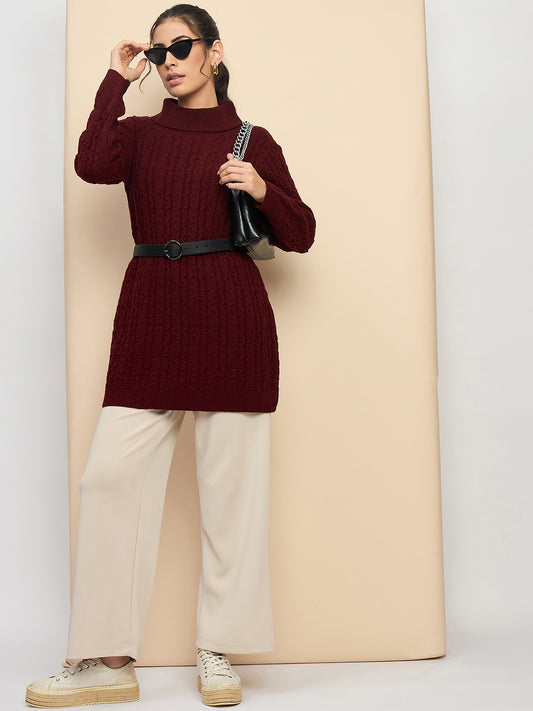 Clapton High Neck Cable Knitted Woolen Dress Maroon