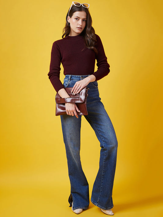 Wool Blend Crew Neck Full Sleeve Mehroon Top