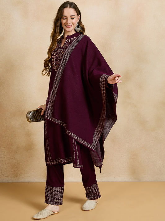 Clapton Embroidered Straight Kurta Pant With Dupatta Set Maroon