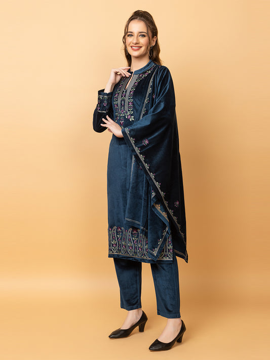Velvet Embroidered Winter Wear Embroidered Straight Kurta Pant With Dupatta Set Teal