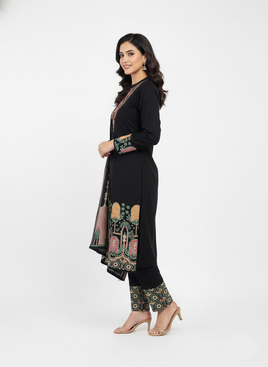Clapton Embroidered wool blends for winter wear Straight-fit kurta with trousers and a dupatta (shawl) BLACK