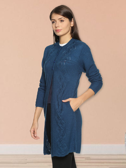 Wool Blend Round Neck Peacock Long Shrug