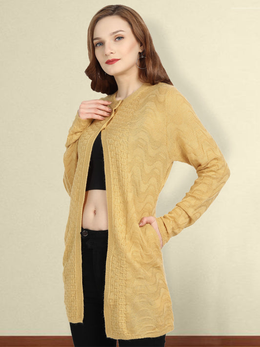 Wool Blend Round Neck Mustered Long Shrug