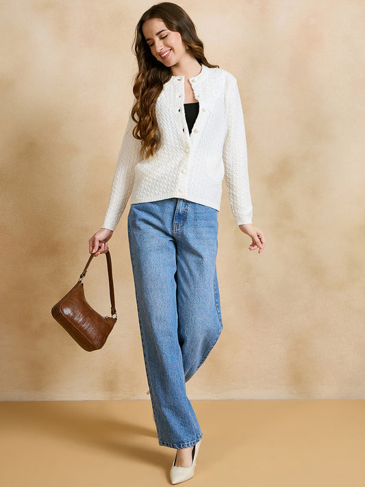 Clapton Floral Embroidered Knit Design Pure Wool Cardigan White