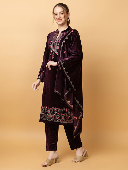 Velvet Embroidered Winter Wear Embroidered Straight Kurta Pant With Dupatta Set Move