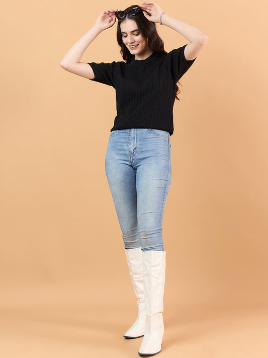 clapton Women Self knitted cotton Design T-shirt Black