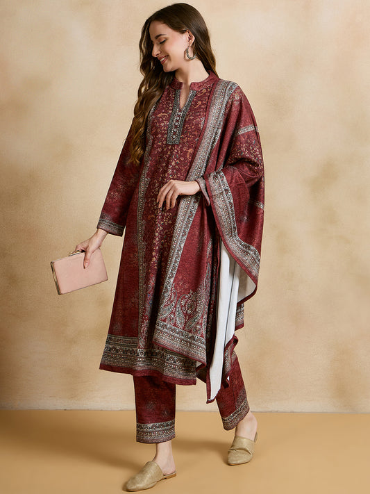 Clapton Printed Work Straight Kurta Pant With Dupatta Set Maroon