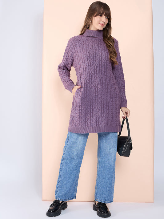 Clapton High Neck Cable Knitted Woolen Dress Mauve