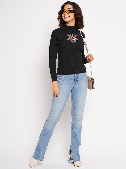 Wool Blend High Neck Black Top With Embroidery