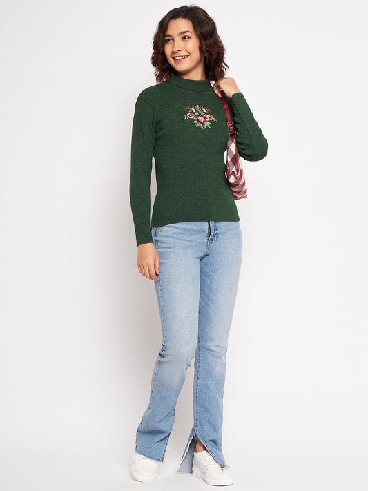 Wool Blend High Neck Mehndi Top With Embroidery