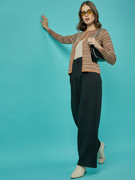 Women Gold Self Striped Round Neck Cardigan