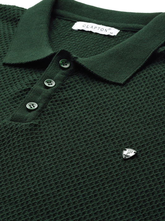 CLAPTON Men Knitted Textured Polo Collar T shirt GREEN