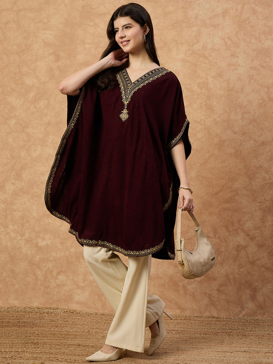 Clapton Women’s Wool Kaftan Kurti – Mahrroon, Golden Embroidery -6201