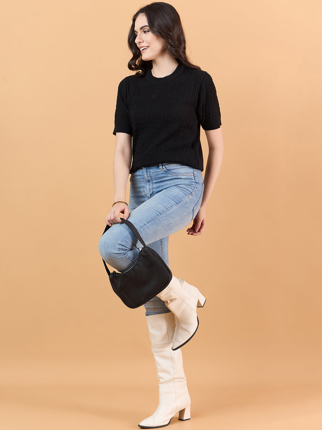 Ladies Short Sleeve Knitted cotton T Shirt solid Color Black