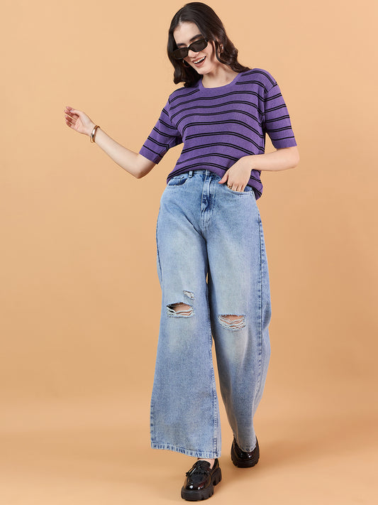 clapton Women Cotton knitted Striped Design T-shirt Purple Mauve