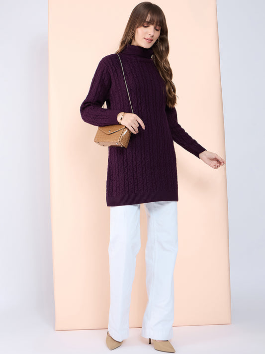 Clapton High Neck Cable Knitted Woolen Dress Purple