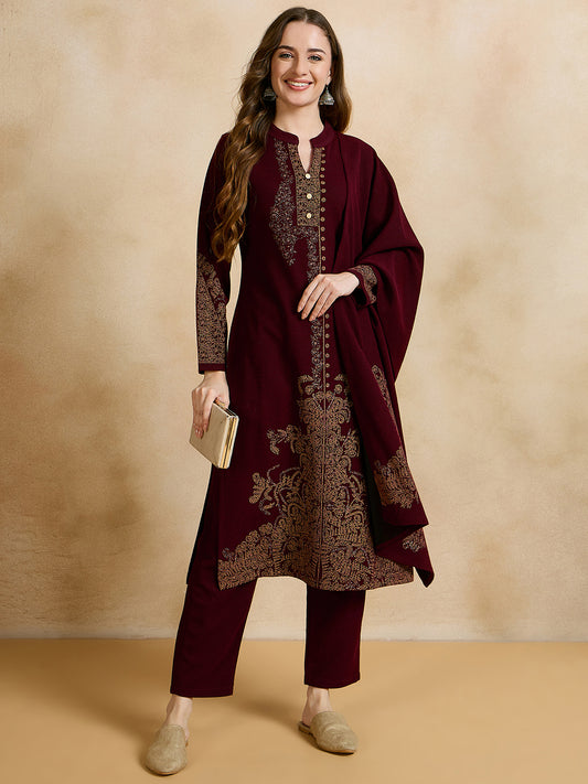 Clapton Embroidered Straight Kurta Pant With Dupatta Set Maroon