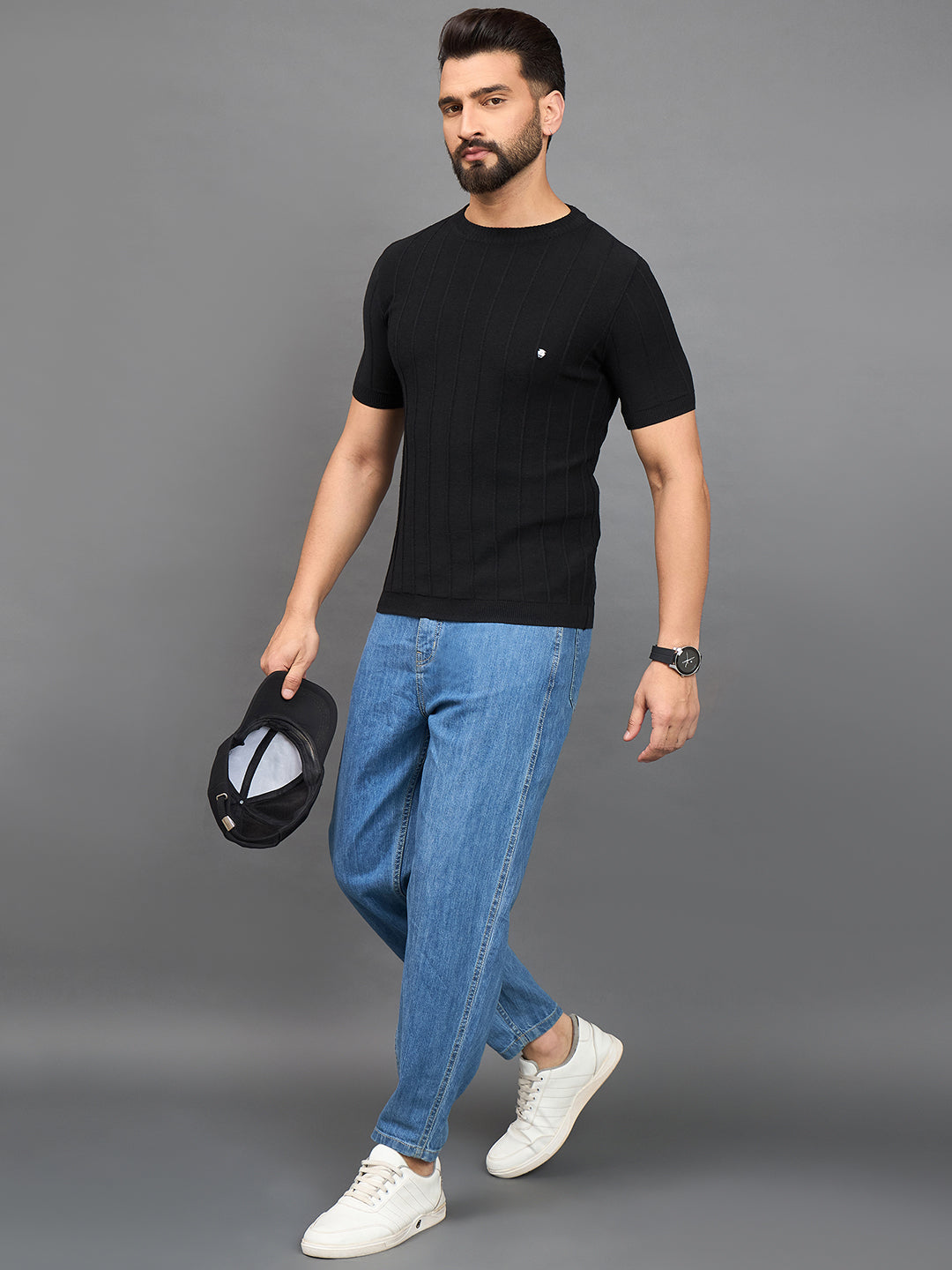 CLAPTON Men Knitted Round Neck T-shirt Black