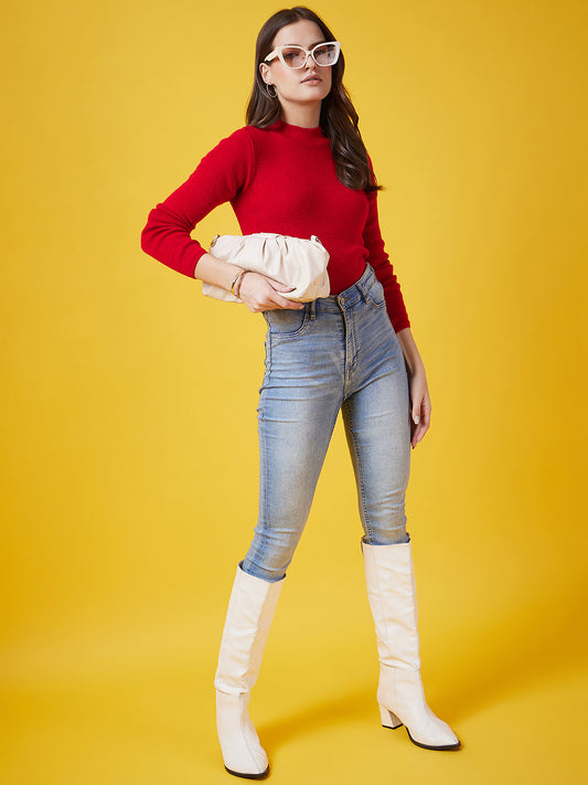 Wool Blend Crew Neck Full Sleeve Red Top