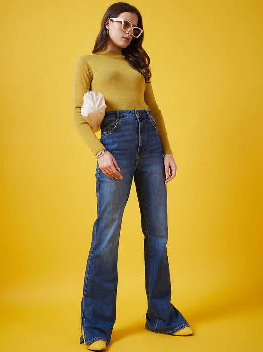 Wool Blend Crew Neck Full Sleeve Gold Top