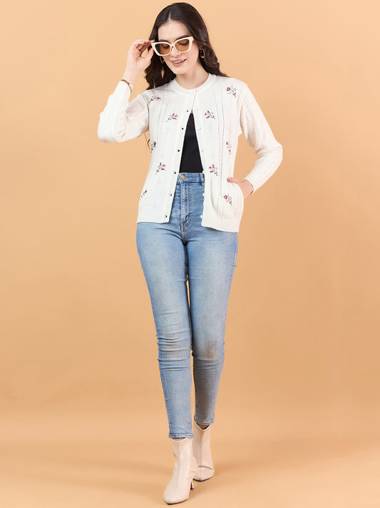 Clapton Floral Embroidered Full Sleeve Cardigan Sweaters for Women Girls White