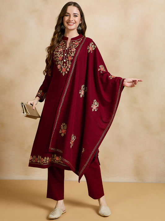 Clapton Embroidered Straight Kurta Pant With Dupatta Set Maroon
