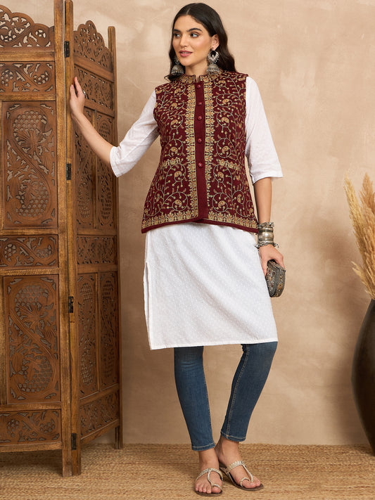 CLAPTON EMBROIDERY SLEEVELESS MEHROON BLAZER FOR WOMEN