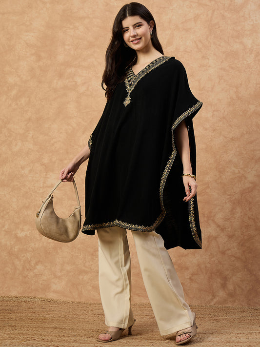 Clapton Women’s Wool Kaftan Kurti – Black, Golden Embroidery -6201