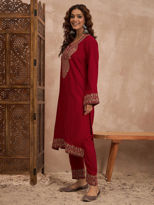 Woolen Embroidered 2-piece winter wear Kurti & Pant Set Red