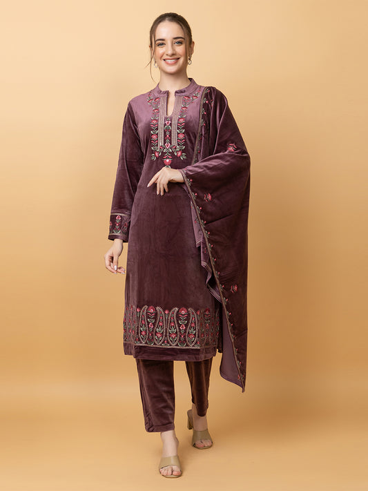 Velvet Embroidered Winter Wear Embroidered Straight Kurta Pant With Dupatta Set Purple