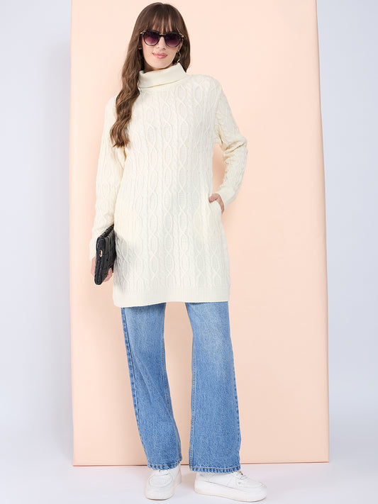 Clapton High Neck Cable Knitted Woolen Dress Cream