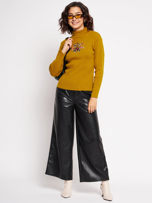 Wool Blend High Neck Gold Top With Embroidery