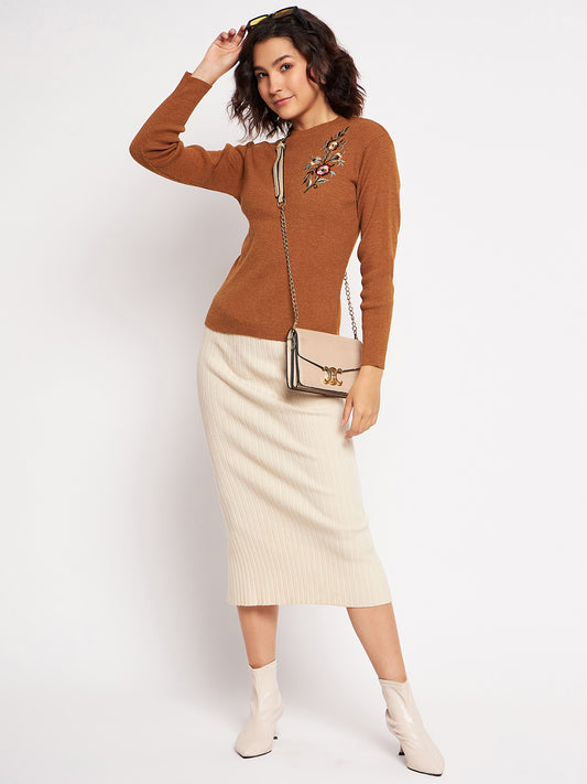 Wool Blend Round Neck Saffron Top With Embroidery