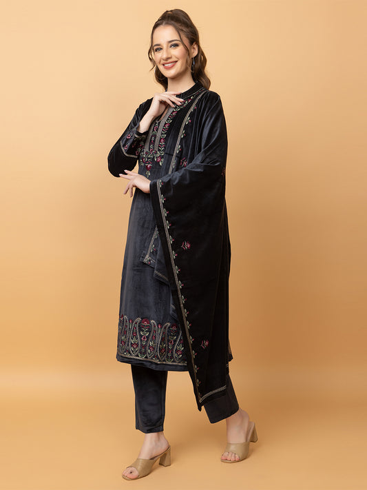 Velvet Embroidered Winter Wear Embroidered Straight Kurta Pant With Dupatta Set Navy