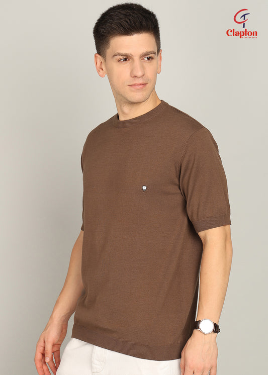 Clapton Men Knitted Cotton Summer Wear Round Neck Half Sleeve T-Shirt Brown