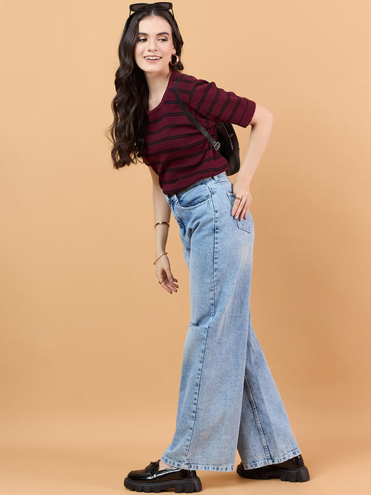 clapton Women Cotton knitted Striped Design T-shirt Maroon