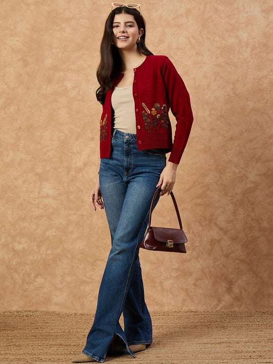 Clapton Women’s Red Knitted Floral Embroidered Cardigan 6110