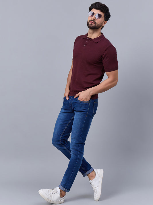 Men's Maroon Knitted Polo T-shirt