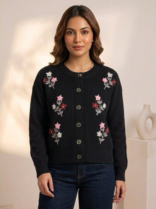 Women'S Knit Cardigan With Floral Embroidery Black