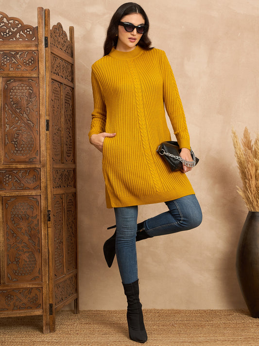 CLAPTON Women’s Wool Blend Ribbed Knit Tunic Sweater with Mock Neck & Full Sleeves Gold